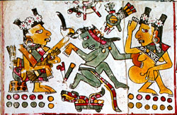 Pic 4: Xochiquetzal (left) and a priestess (right - or is this an ‘uncovered’ face of Xochiquetzal?) seduce a single warrior, Codex Borgia